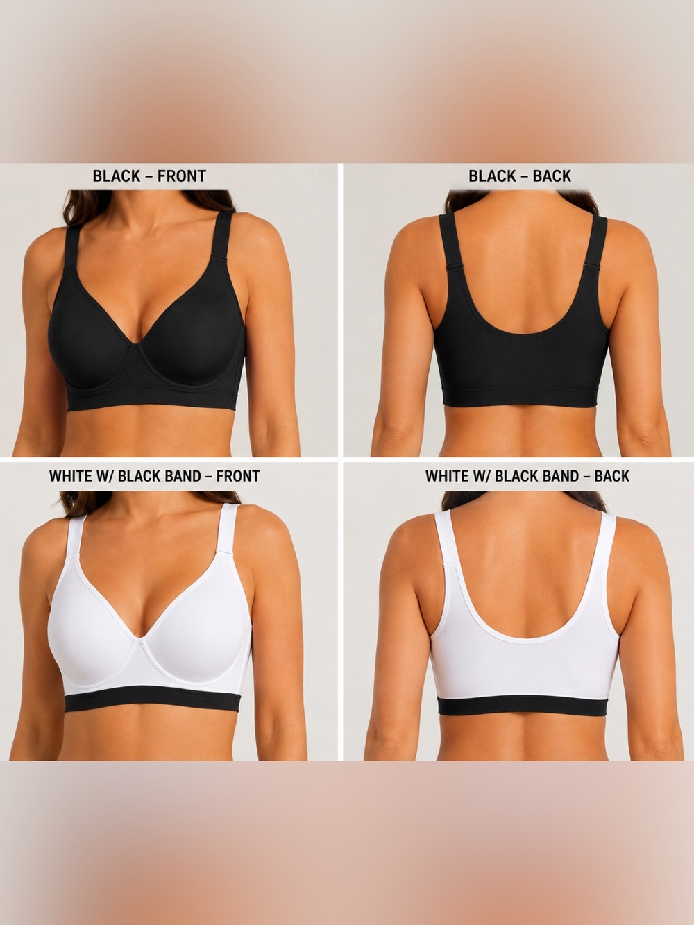 Zone Pro Wireless Sports Bra - Choose Black or White with Black Band - 3X/44